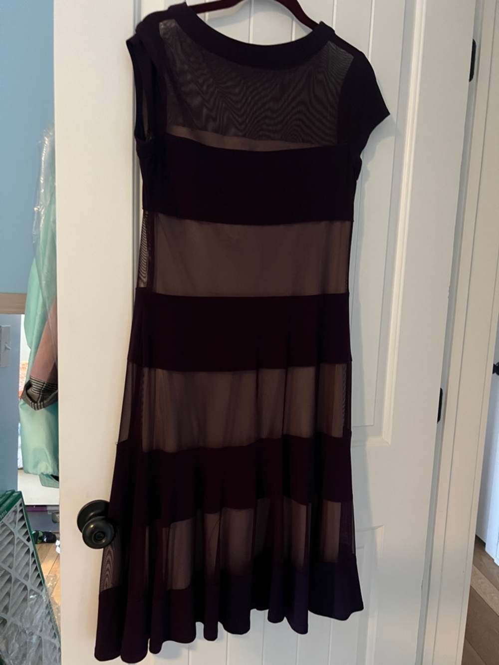 R & M Richards Plum Sheer-Striped Midi Dress